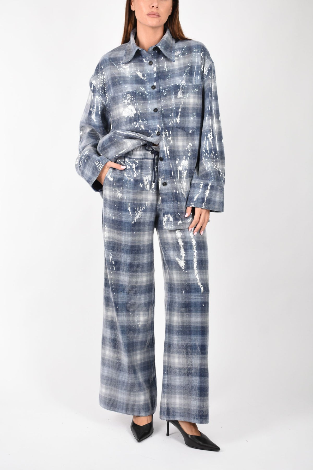 Pantaloni palazzo con motivo check e paillettes 107143A3FD