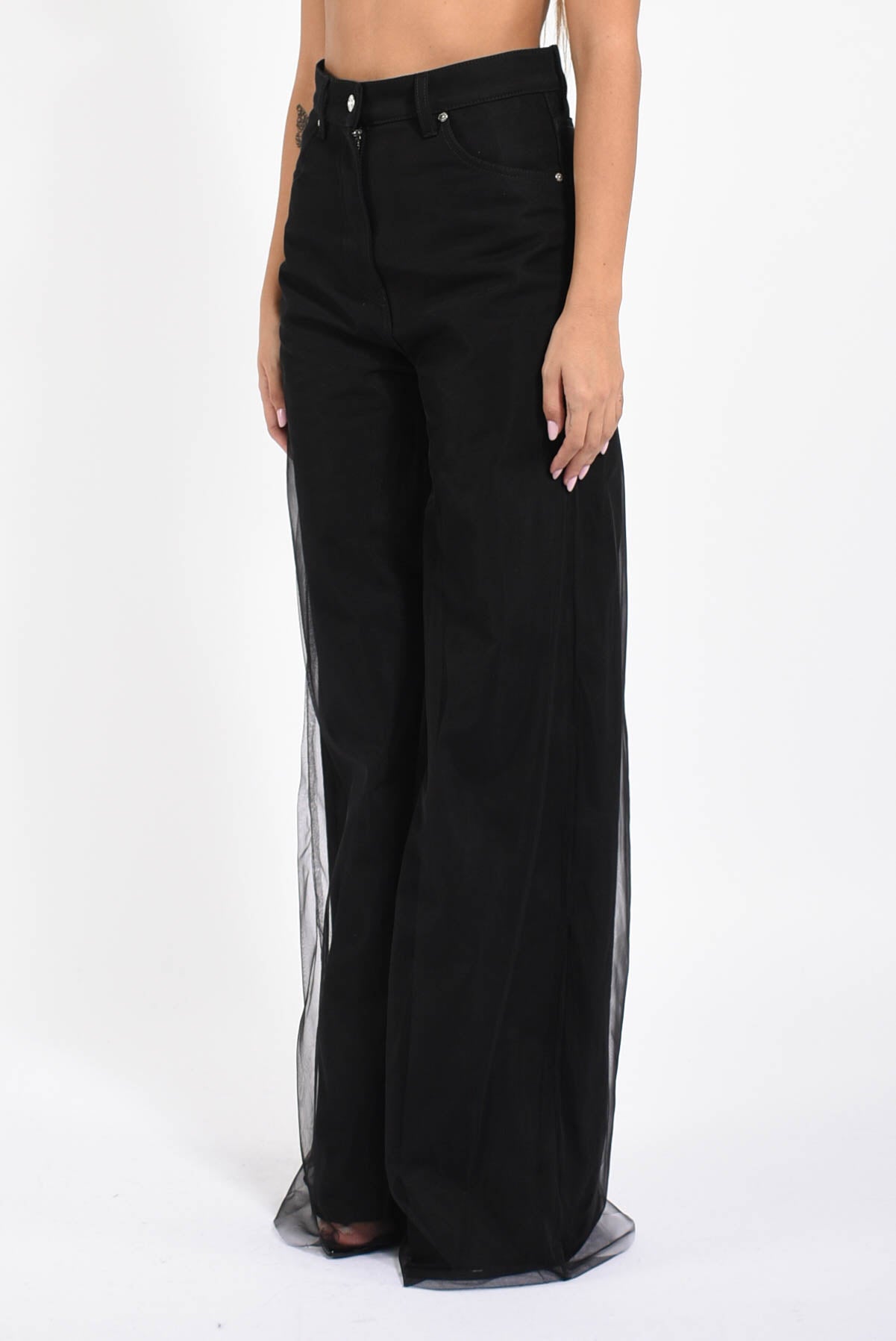 pantaloni in bull denim e tulle