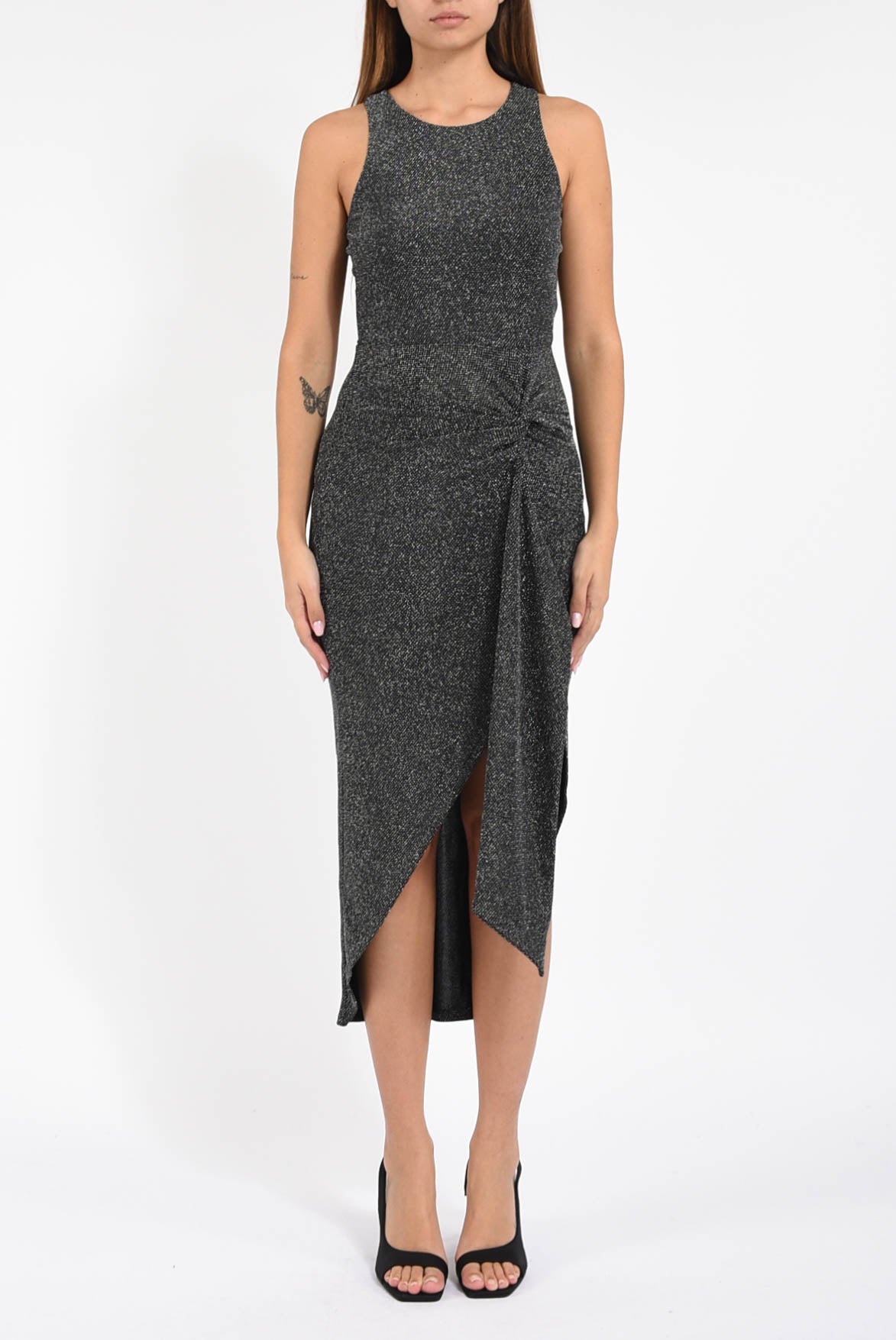 Abito midi in lurex con drappeggio