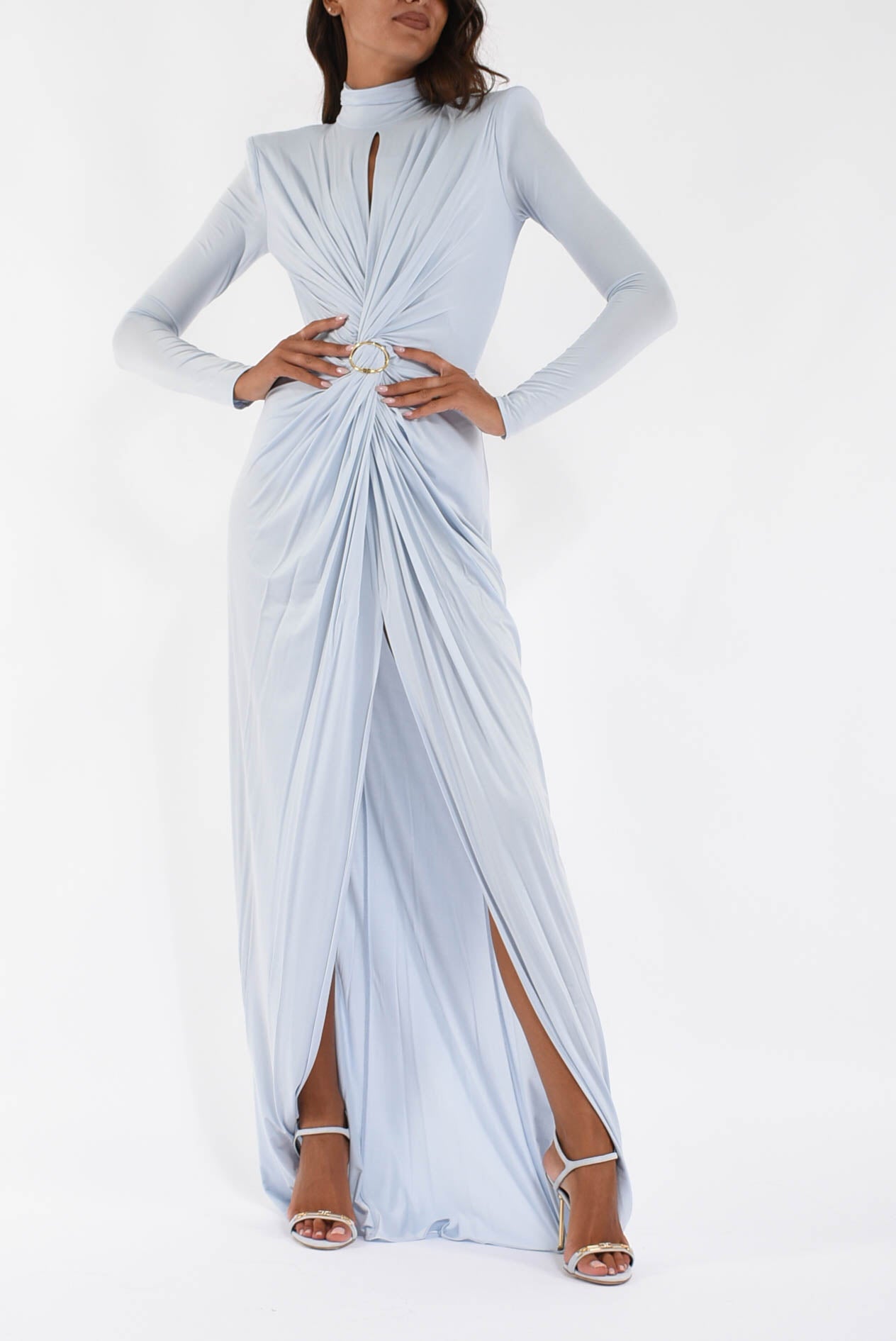 Abito lungo in jersey cupro con drappeggi