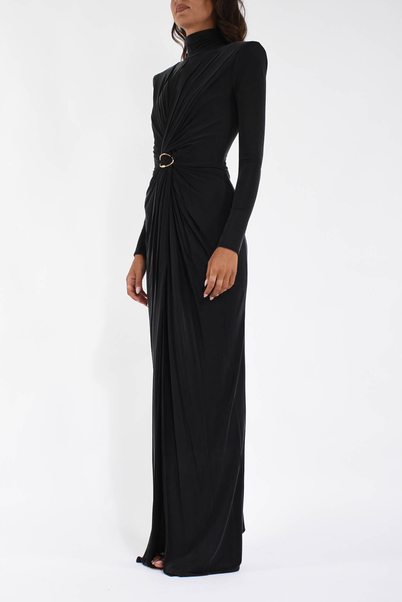 Abito lungo in jersey cupro con drappeggi
