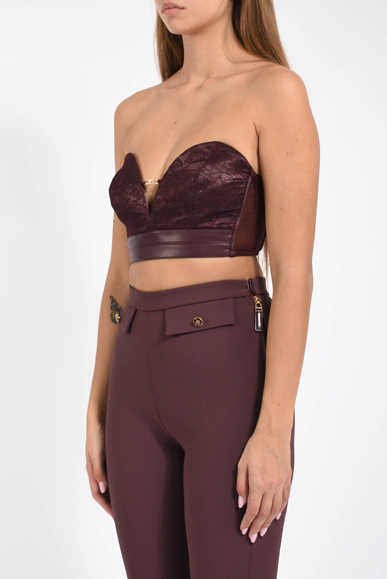 Top bustier in pizzo con logo gioiello