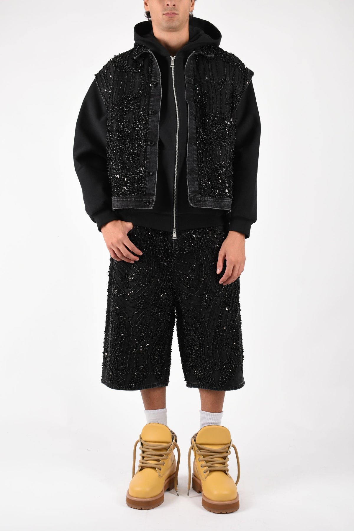 Bermuda in denim Mesh Embellishment