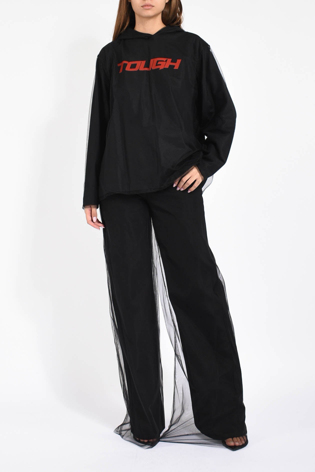 pantaloni in bull denim e tulle