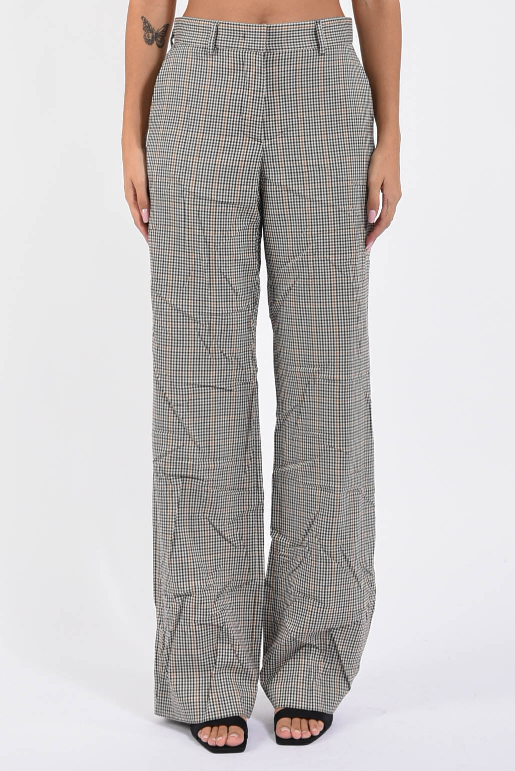 pantaloni flare in micro check