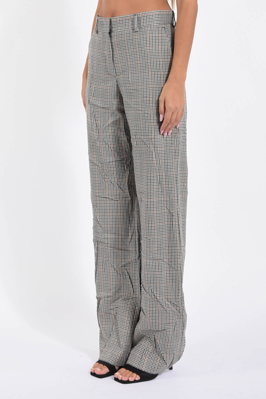 pantaloni flare in micro check