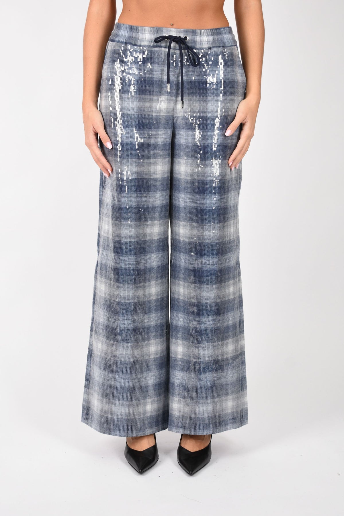Pantaloni palazzo con motivo check e paillettes 107143A3FD