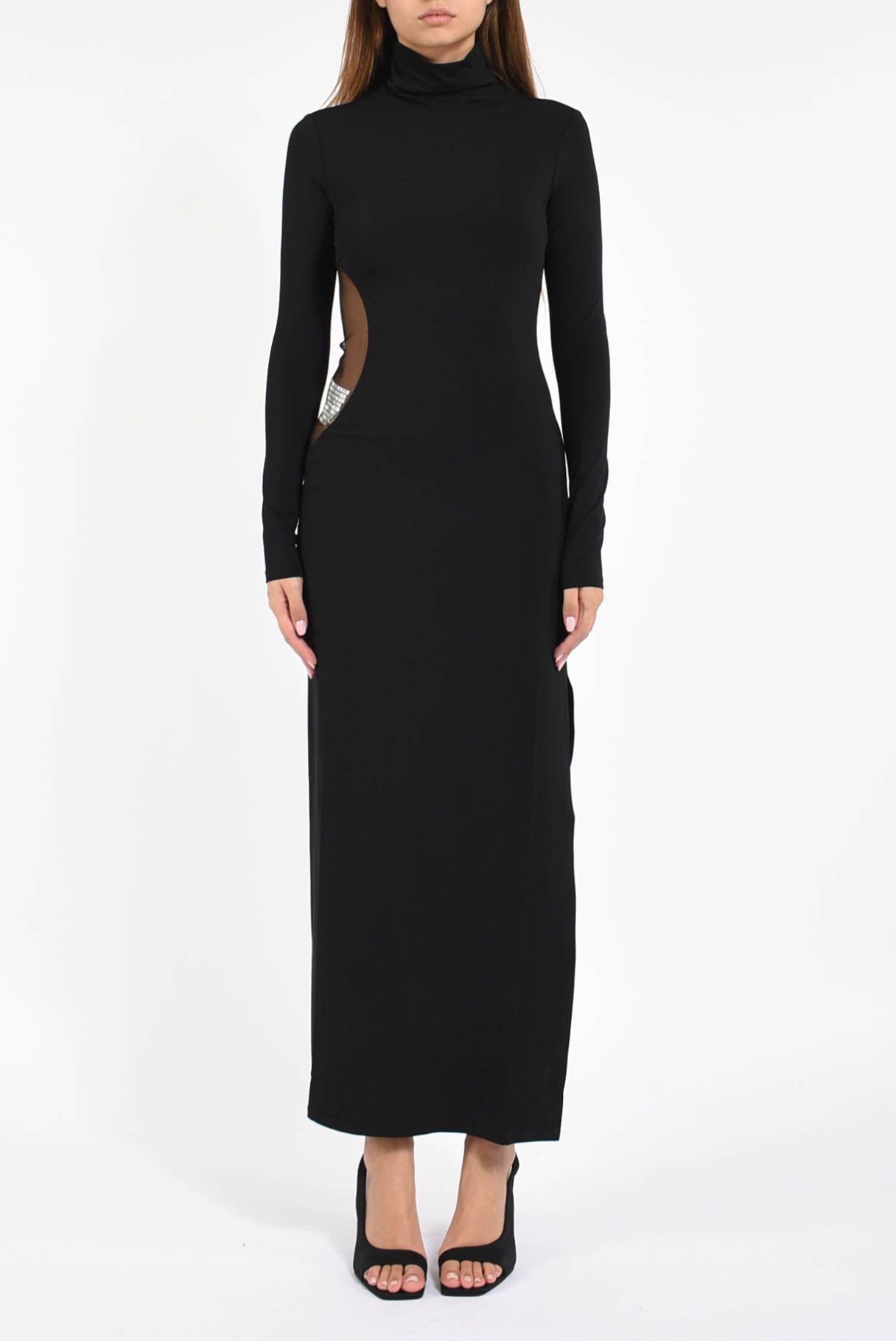 Abito lungo a collo alto con strass