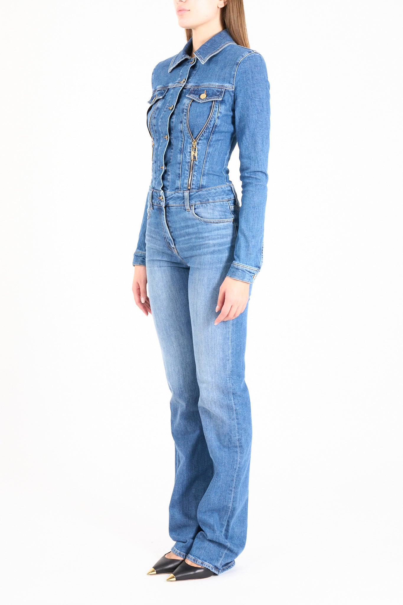 tuta in denim con zip e spalline