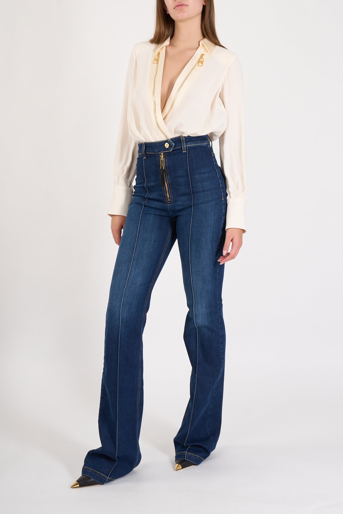 jeans a zampa in cotone stretch con nervature