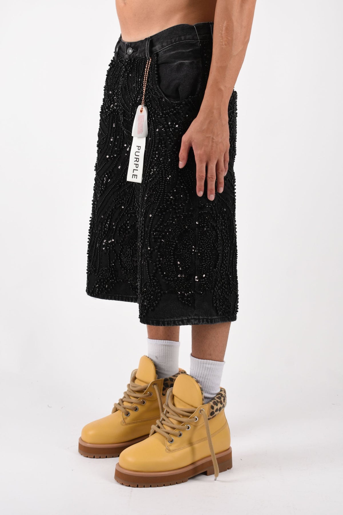 Bermuda in denim Mesh Embellishment
