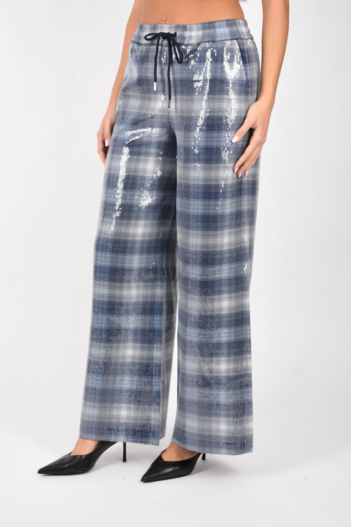 Pantaloni palazzo con motivo check e paillettes 107143A3FD