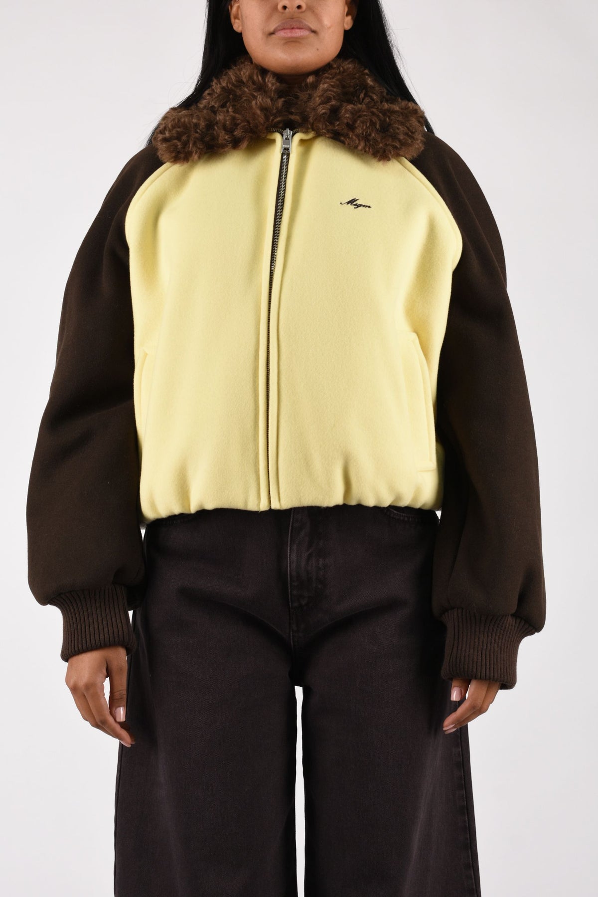 Bomber colorblock in misto lana con colletto in ecopelliccia 4141MDH05XY267602