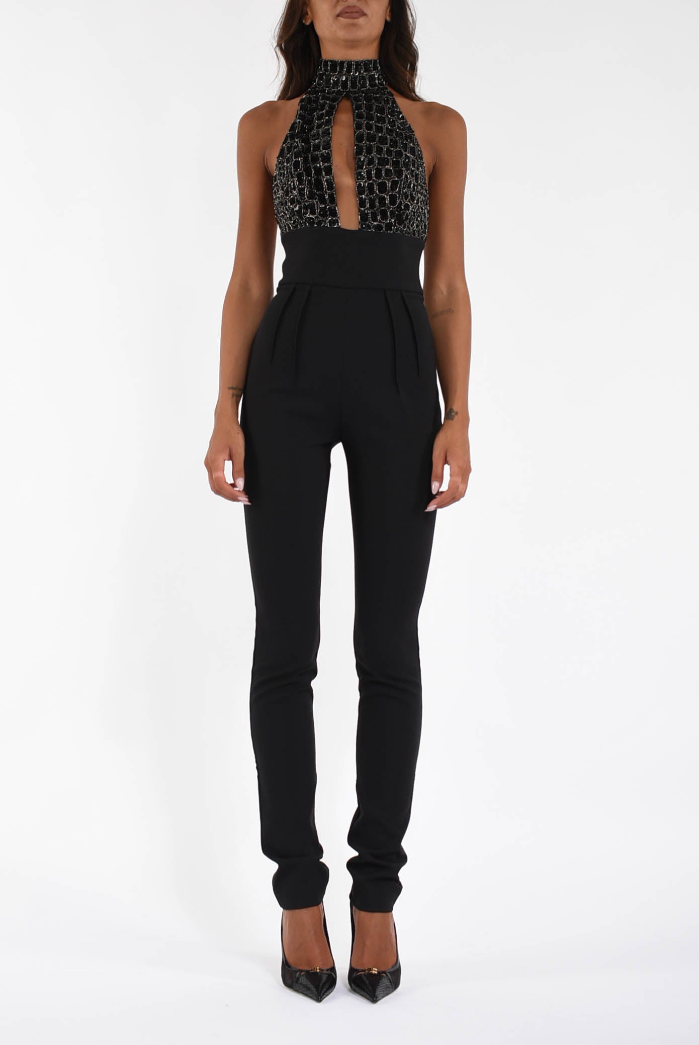 Tuta in tulle e crêpe con ricami cocco