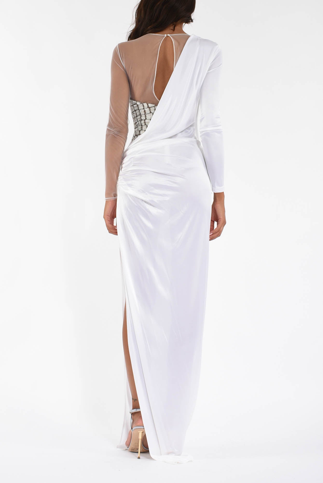 Abito lungo in tulle e jersey con ricami cocco