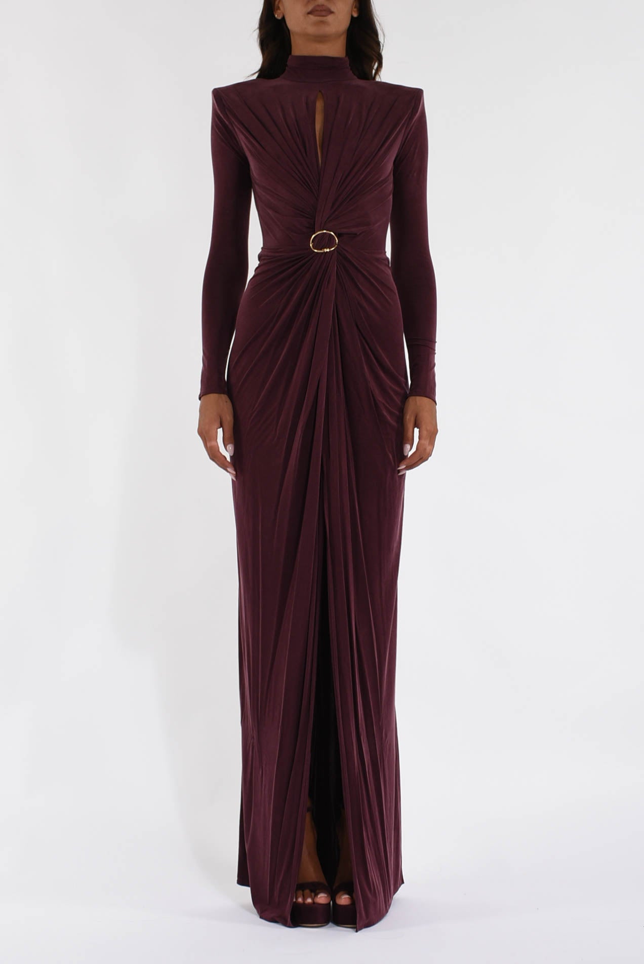 Abito lungo in jersey cupro con drappeggi