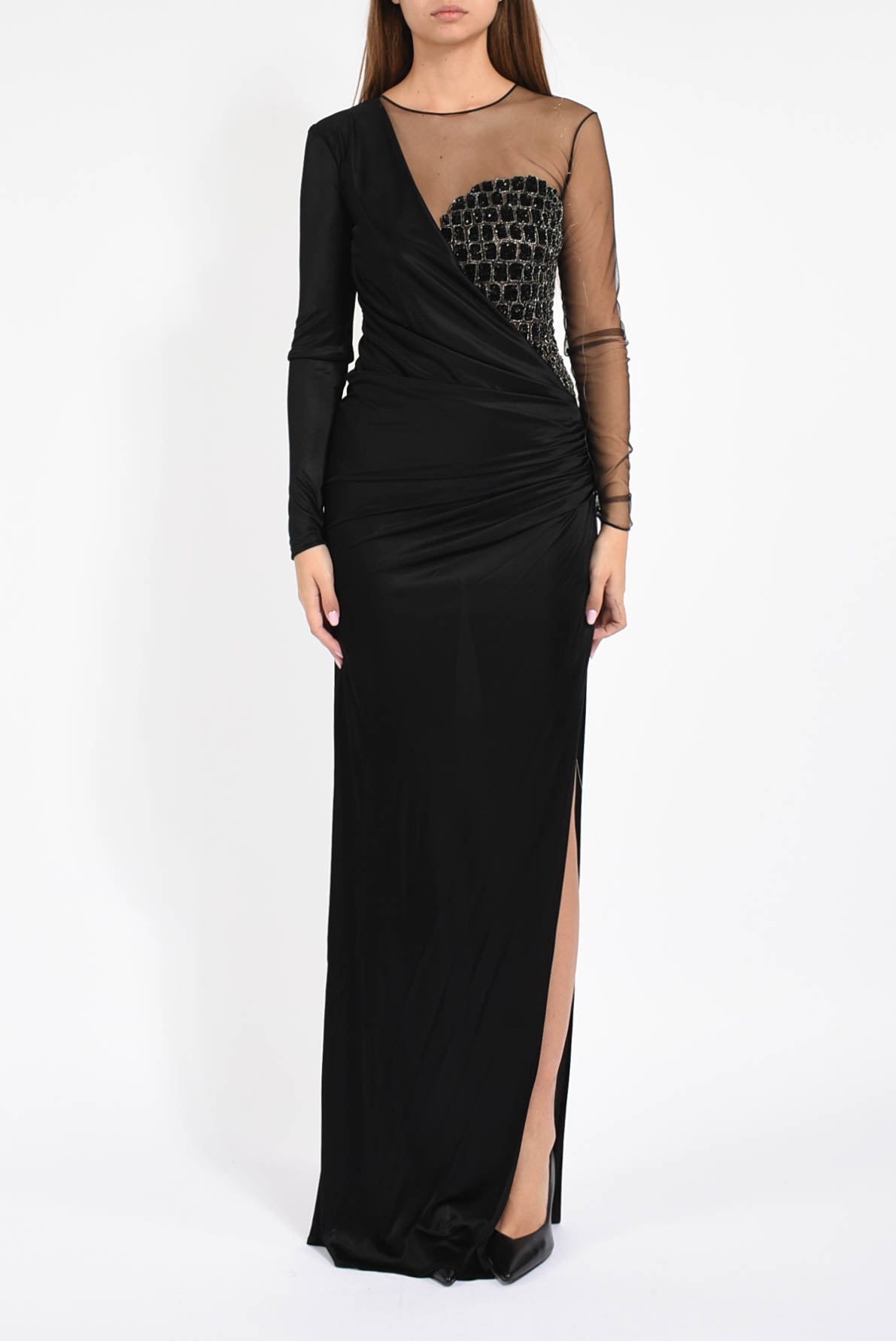 Abito lungo in tulle e jersey con ricami cocco