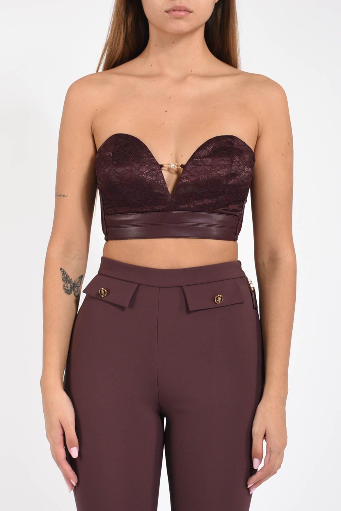 Top bustier in pizzo con logo gioiello