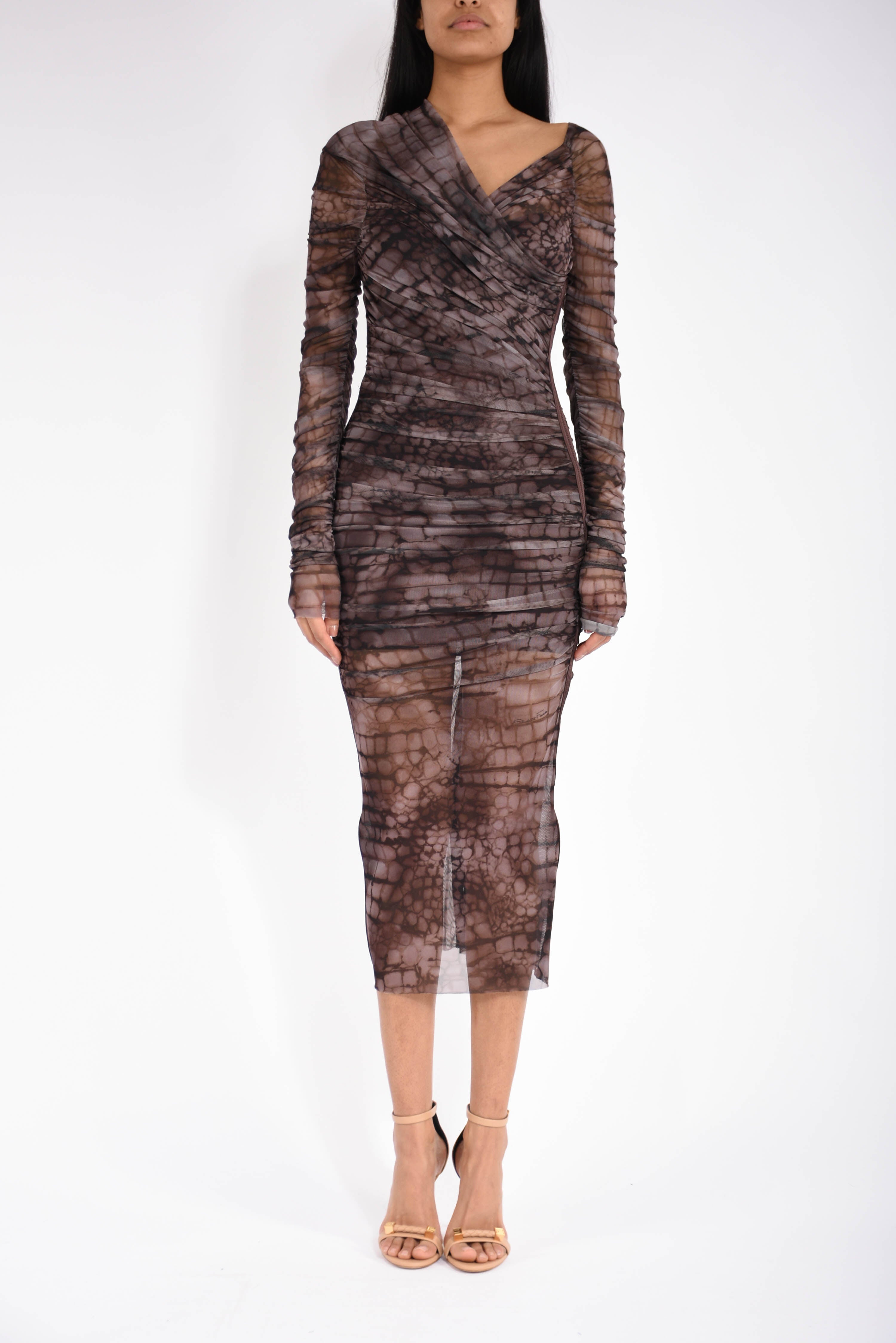 Abito midi in tulle con stampa alligatore