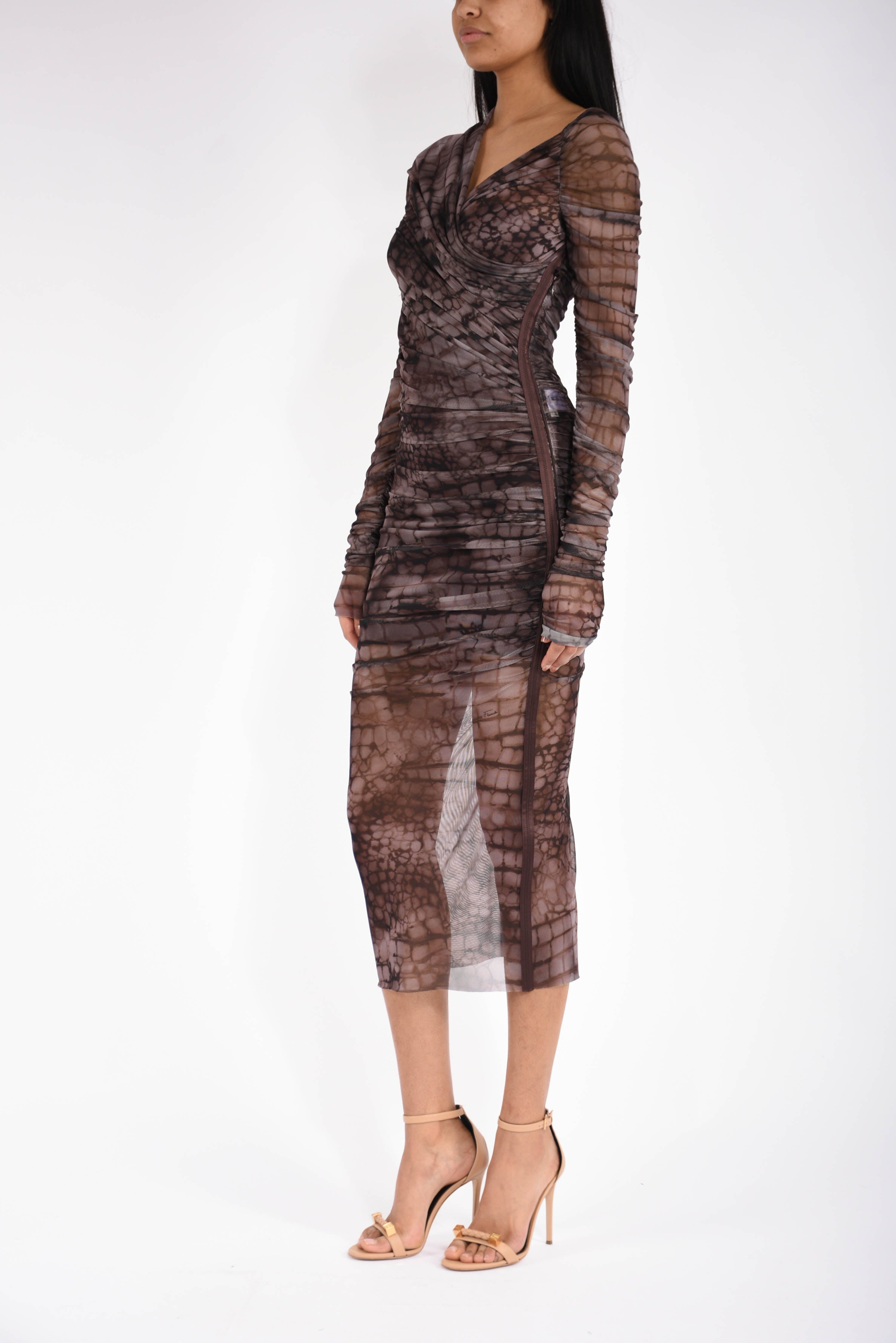 Abito midi in tulle con stampa alligatore