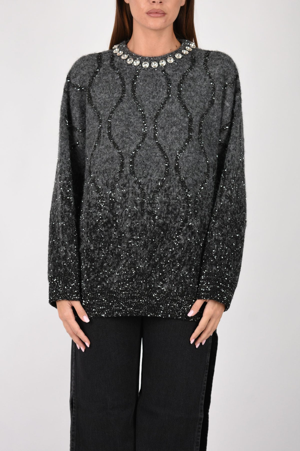 Maglione con collo gioiello e micro paillettes 107855A3OZ