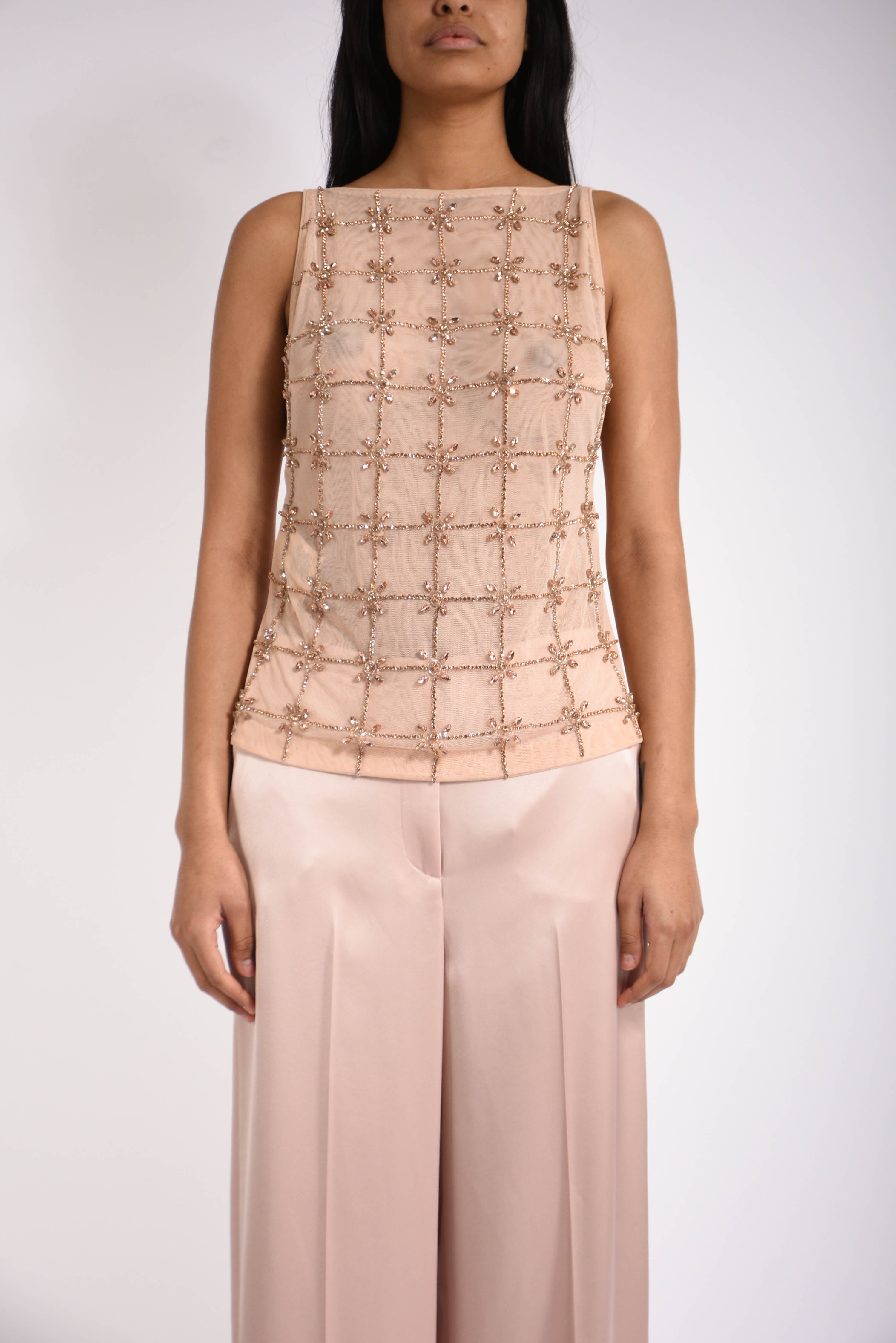 Top smanicato in tulle con cristalli quandong